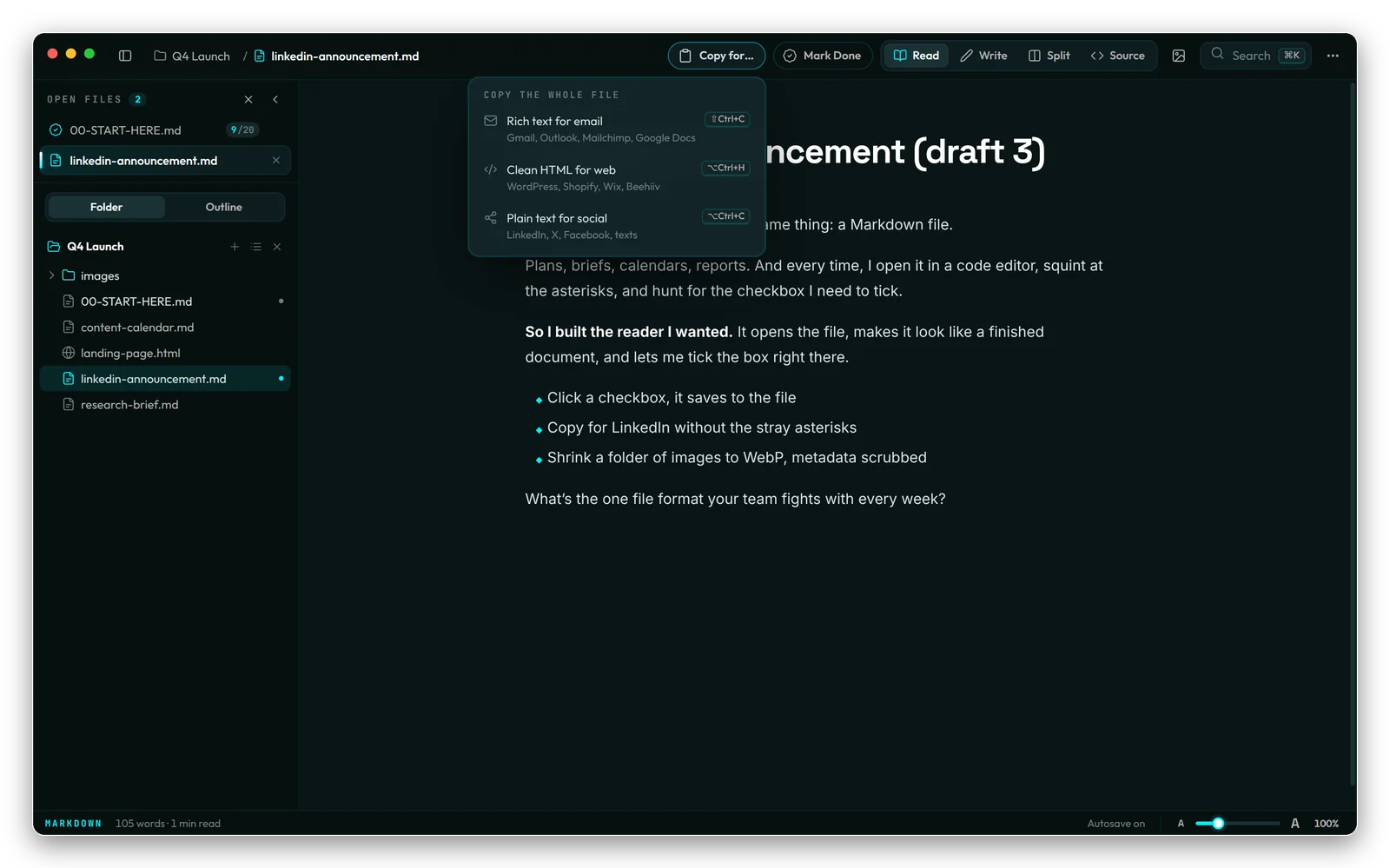The Copy for menu with email, web and social options