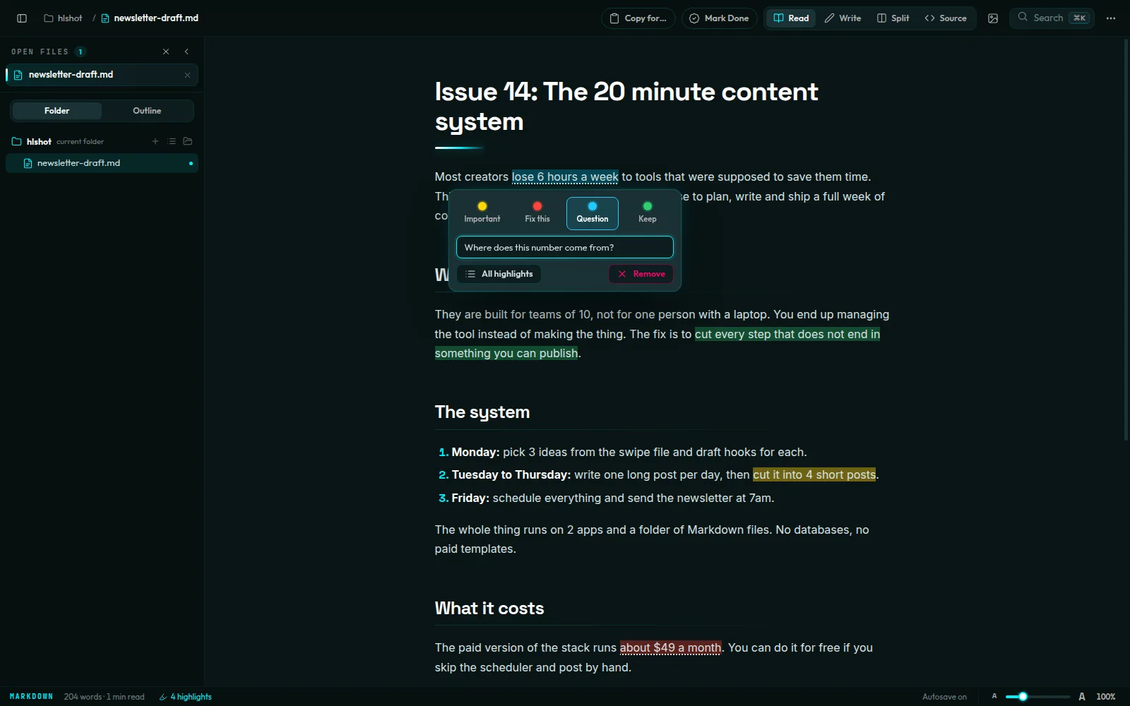 Highlights in 4 colors with a note on a newsletter draft