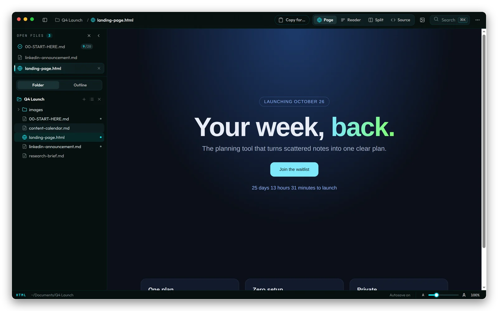 An HTML landing page rendered inside Tomelight