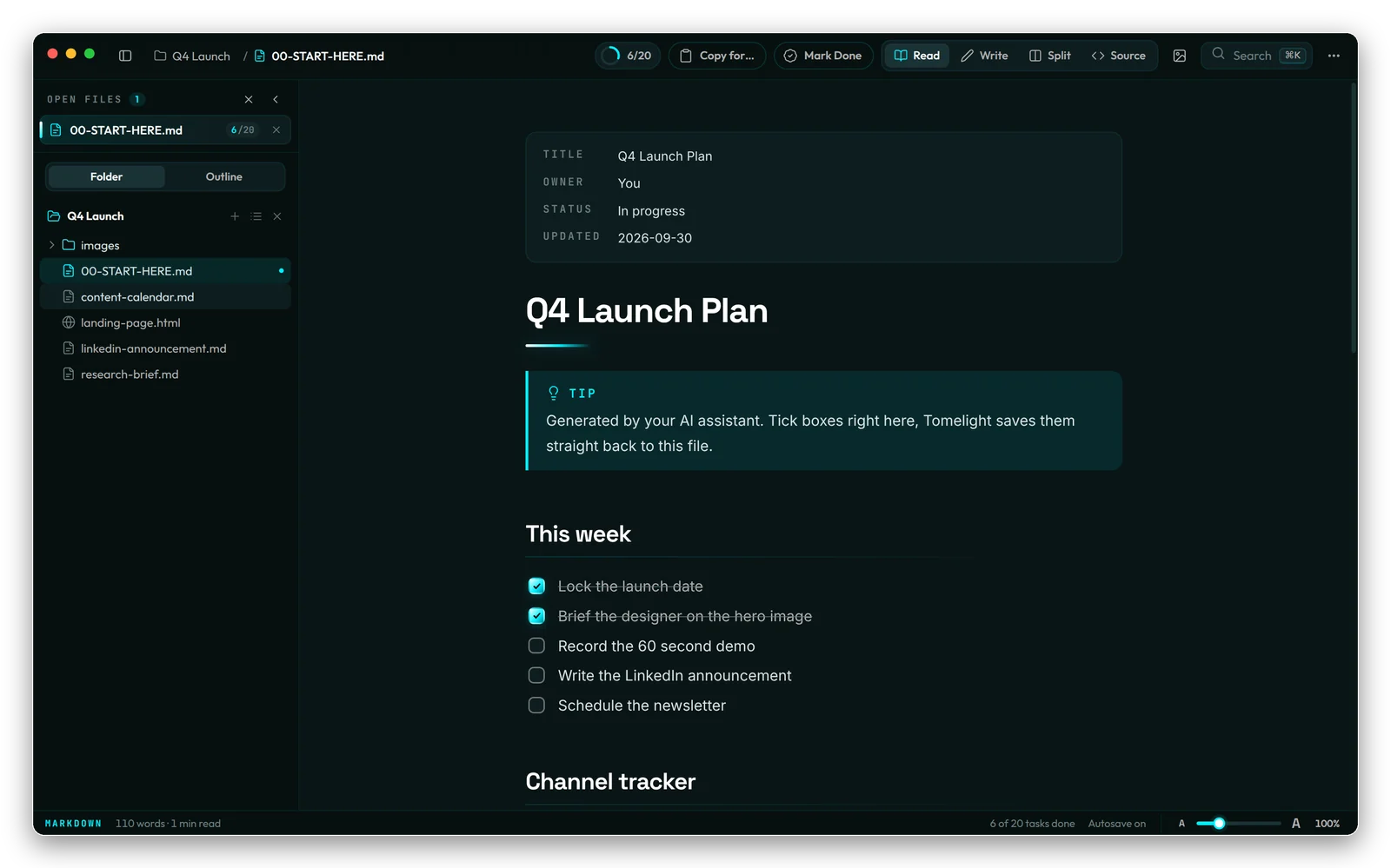A Markdown launch plan rendered as a clean document in Tomelight