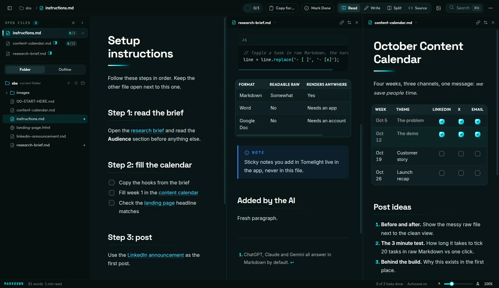 Three Markdown files open side by side in Tomelight