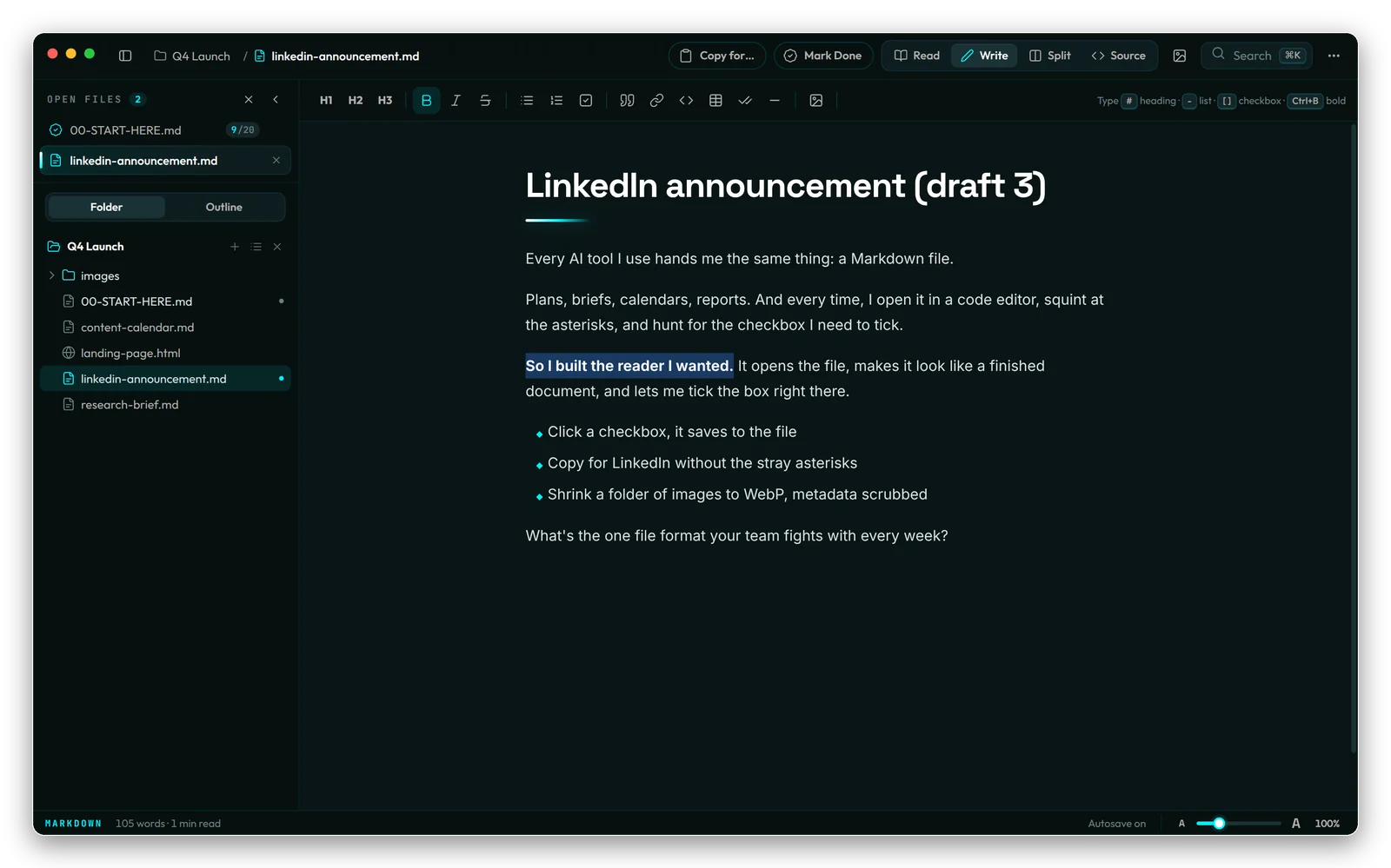 Write mode with the formatting toolbar